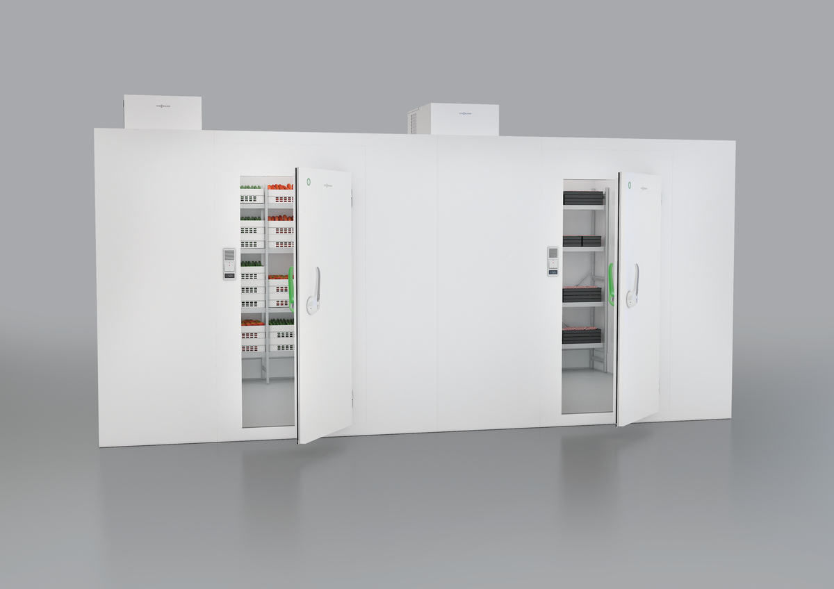 TectoCell Standard plus - two cells with ceiling-mounted refrigeration units and vegetable and meat inside